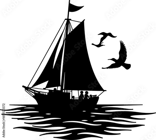 silhouette of a sailing ship, ship, boat, sea, sail, sailboat, sailing, ocean, water, yacht, pirate, vessel, nautical, old, travel, silhouette, mast, sunset, sky, schooner, transportation, summer, mar