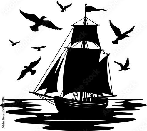 silhouette of a sailing ship, ship, boat, sea, sail, sailboat, sailing, ocean, water, yacht, pirate, vessel, nautical, old, travel, silhouette, mast, sunset, sky, schooner, transportation, summer, mar
