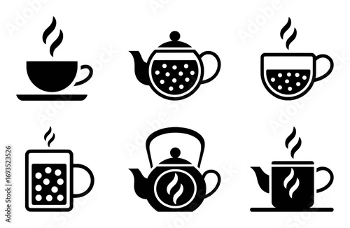 Collection of Black and White Icons Representing Tea and Coffee Drinks
