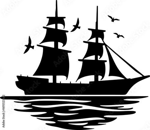 silhouette of a sailing ship, ship, boat, sea, sail, sailboat, sailing, ocean, water, yacht, pirate, vessel, nautical, old, travel, silhouette, mast, sunset, sky, schooner, transportation, summer, mar
