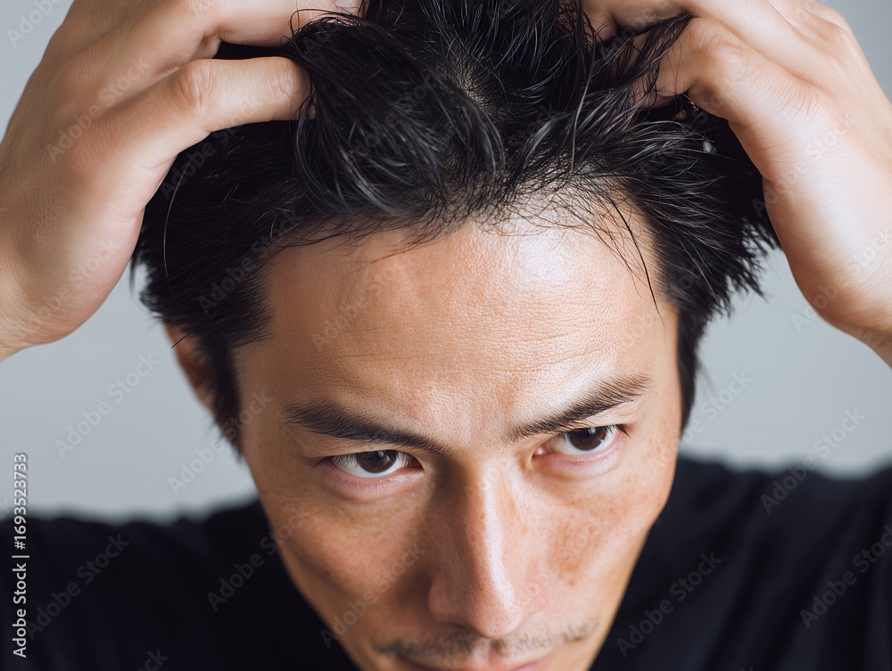 Obraz premium 薄毛や抜け毛を気にして頭皮を確認する日本人男性