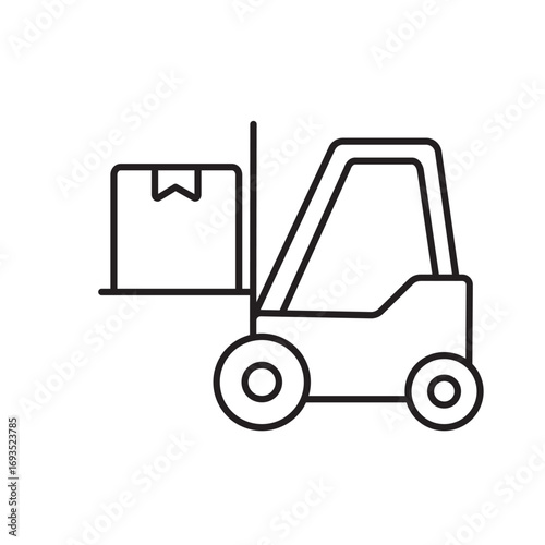 A vector icon of a forklift moving a package, representing warehouse operations and cargo movement, created in line style with editable stroke