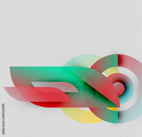Abstract composition. Overlapping colorful shapes create dynamic visual effect. Modern design, gradients, smooth transitions present.