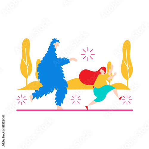 Afraid of Monsters.Blue monster chasing a woman in a park isolated on transparent background.