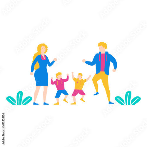 All American Family.Happy family with two children enjoying outdoor activity isolated on transparent background.