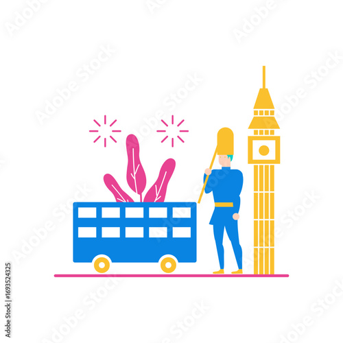 Big Ben.London guard bus big ben and flowers isolated on transparent background.