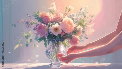 Soft light illuminates a floral arrangement in a glass vase, gently held by hands