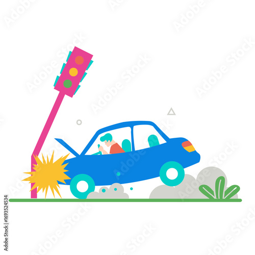 Car Accident.Blue car crashes into a traffic light isolated on transparent background.