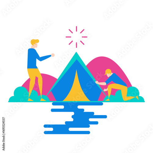 Camping.Two people setting up a tent in a stylized landscape isolated on transparent background.