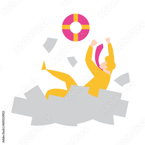 Drowning with Busy Work.Businessman drowning in paperwork reaches for life preserver isolated on transparent background.