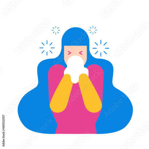 Feeling Sick.Woman sneezing or coughing with blue hair and pink shirt isolated on transparent background.