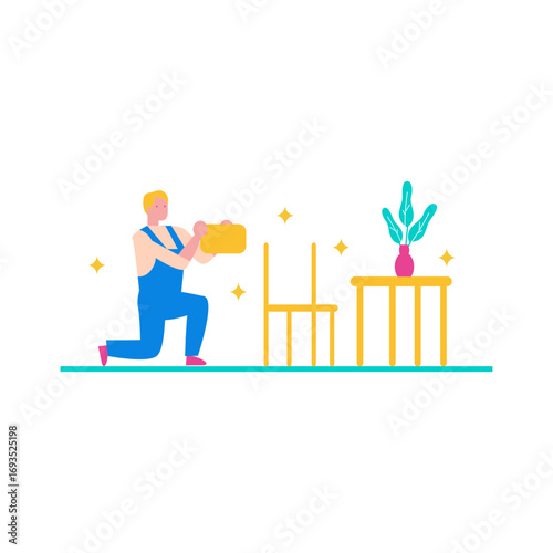Fixing Furniture.Man in blue overalls cleaning a chair with a yellow cloth isolated on transparent background.
