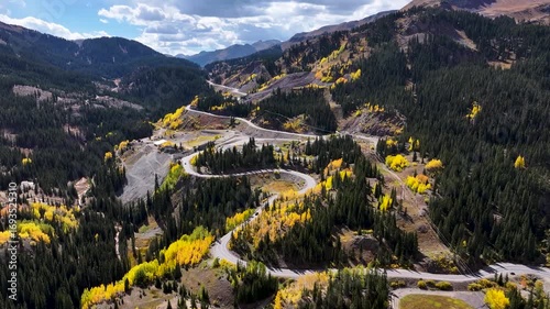Aerial of Winding Mountain Road Million Dollar Highway Through Colorado Rockies (Fall Foliage)