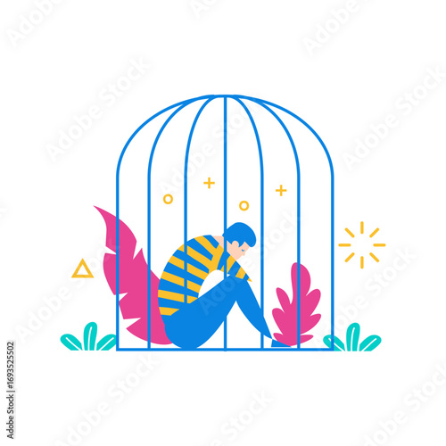 Imprisoned.Sad person trapped in a cage with colorful plants isolated on transparent background.