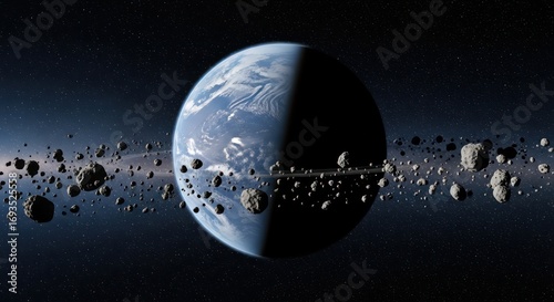 Earth Orbiting Through Asteroid Field in Space