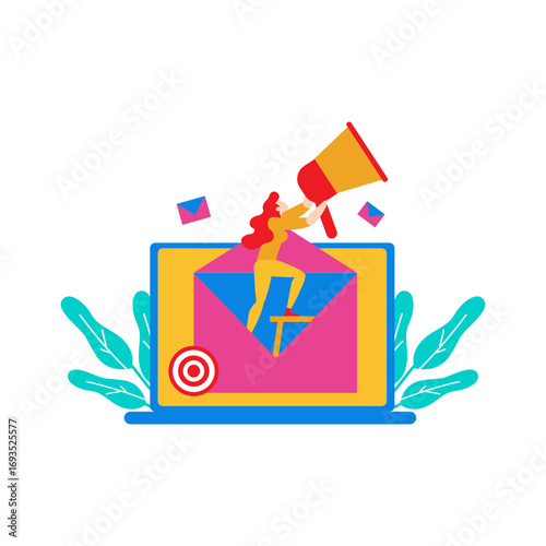 Internet Marketer.Woman with megaphone announcing message from laptop isolated on transparent background.