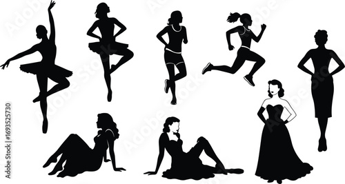 Women silhouettes vector, ballerina dancer, running girl, elegant fashion woman, vintage pin up pose, female artwork, stylish illustration