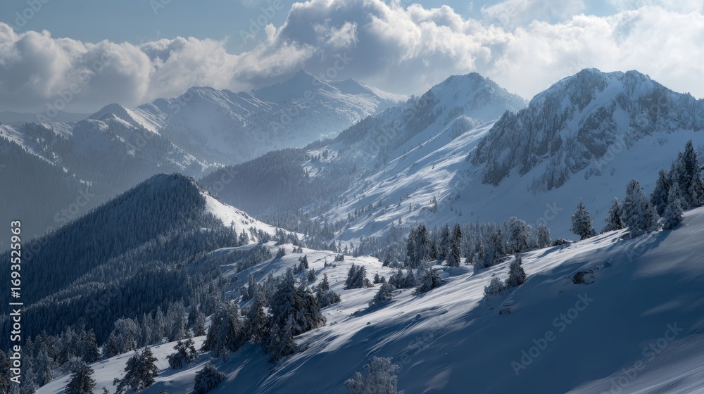 Obraz premium Snow covered mountains in winter landscape featuring majestic alpine peaks, frosted forests, and scenic white valleys under a clear cold sky, capturing the tranquil beauty of nature in a serene season