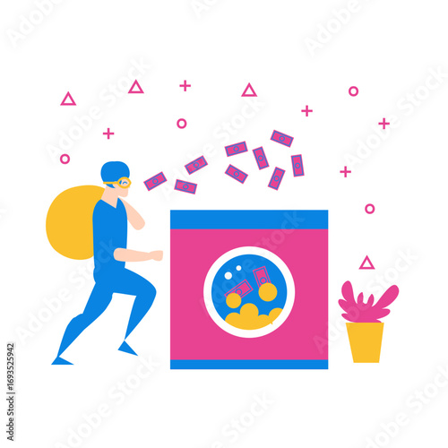 Money Laundering.Man with money bag near washing machine with cash isolated on transparent background.