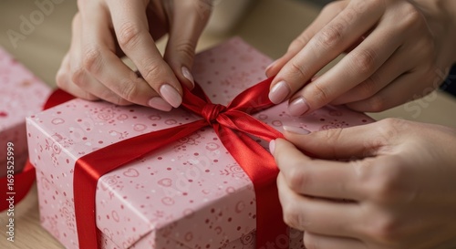 Tender hands meticulously tie a vibrant red ribbon around a delicate pink gift box, filled with love and anticipation.