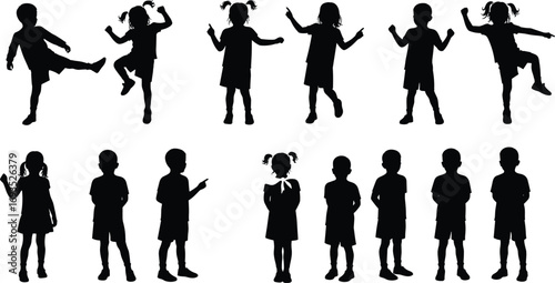 Kids silhouettes vector, children playing, dancing, jumping, standing, pointing poses, boy and girl illustration, childhood artwork, school kid design