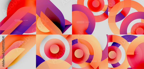Abstract geometric patterns. Vibrant colors blend, creating dynamic compositions. Circles, curves, layers suggest modern design elements.