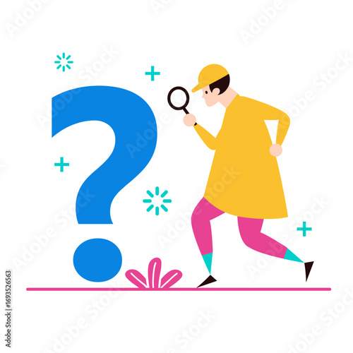 Searching for Answers.Detective investigating a large blue question mark isolated on transparent background.