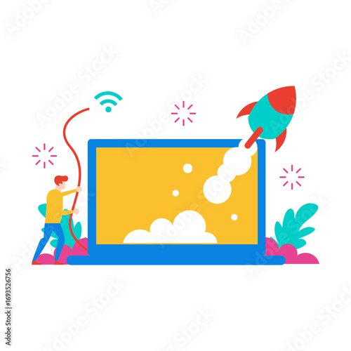 Super Fast Fibre.Man launching rocket from laptop with wifi signal isolated on transparent background.