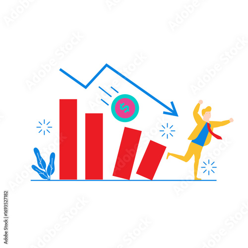 Bankrupts.Business man falling down with falling stock market graph isolated on transparent background.