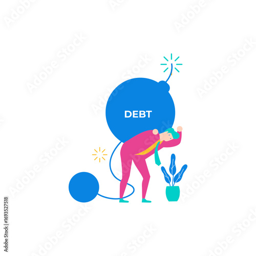 Debts burden.Man carrying a heavy debt bomb isolated on transparent background.