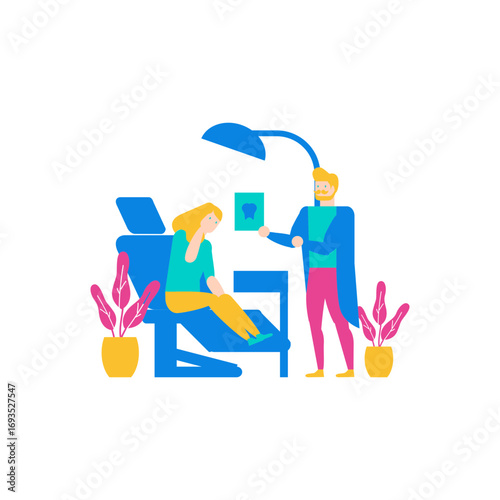 Dentist.Dentist showing tooth x ray to patient in dental chair isolated on transparent background.