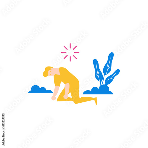 Desperation.Person kneeling in distress with abstract elements isolated on transparent background.