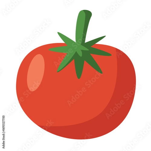Red tomato with green stem and leaves. Suitable for recipe illustrations, diet graphics, or culinary visuals.
