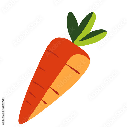 Orange carrot with green leaves in cartoon style. Suitable for healthy eating graphics, recipe designs, or nutrition visuals.