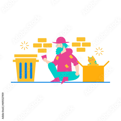 Homeless.Homeless man with cat in a box and trash can isolated on transparent background.