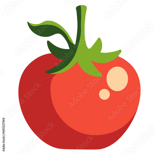 Red tomato with green stem and leaves. Great for recipe illustrations, food graphics, or diet-related designs.