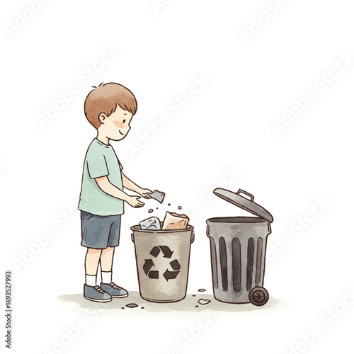 Cute boy actively recycling waste into designated bin, promoting environmental awareness and sustainability