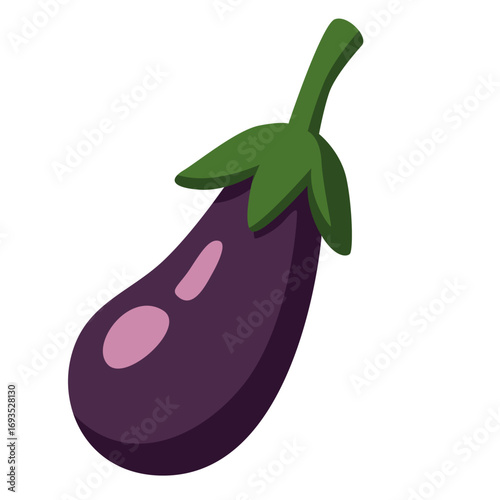 Purple eggplant with green stem in flat style. Ideal for cooking illustrations, vegetarian recipes, or healthy eating designs.