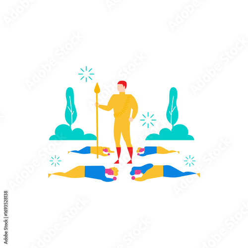 Last man standing.Victorious warrior standing over fallen enemies with spear isolated on transparent background.