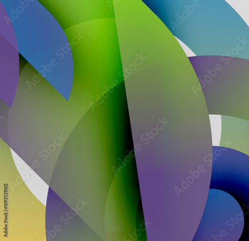 Abstract composition. Overlapping translucent shapes create vibrant color blends, gradients. Modern digital art style.