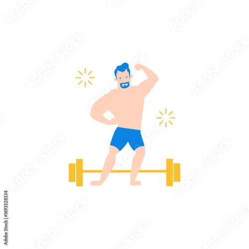 Muscle man (body builder).Muscular man flexing biceps with barbell isolated on transparent background.