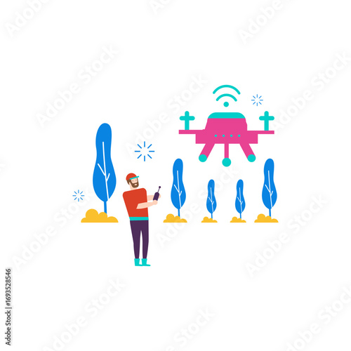 Playing Drone.Man controlling a drone in a stylized park with trees isolated on transparent background.