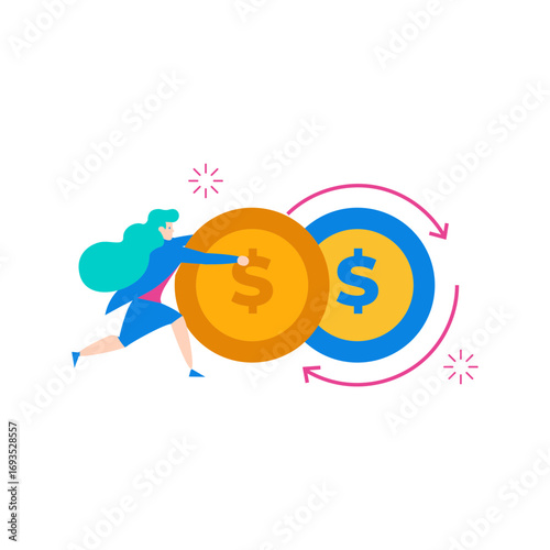 Profit reinvestment.Woman pushing large dollar coins representing financial exchange isolated on transparent background.