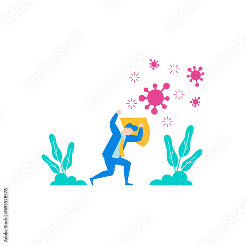 Protection against covid .Businessman defending against virus attack with shield isolated on transparent background.