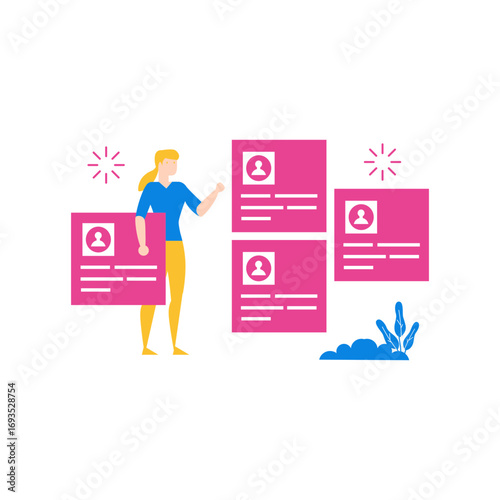 Selecting team.Woman reviewing profiles or resumes on a transparent background isolated on transparent background.