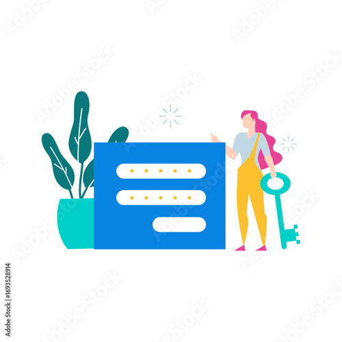 Sign in.Woman with key logging into secure account isolated on transparent background.