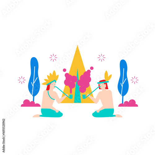 Smoking peace pipes.Two people smoking pipes with colorful smoke isolated on transparent background.