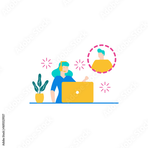 Talking to customer service.Customer service agent with headset talking to client on laptop isolated on transparent background.