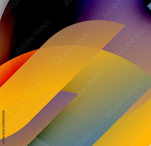 Abstract composition. Overlapping translucent shapes create vibrant color gradients. Warm tones dominate, with purple accents. Smooth transitions define forms.