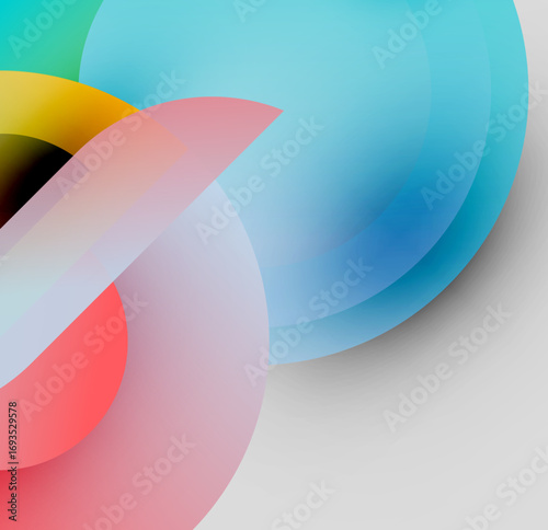 Abstract composition featuring overlapping translucent circles. Colors include blue, red, yellow, white, black. Minimalist design, soft gradients present.